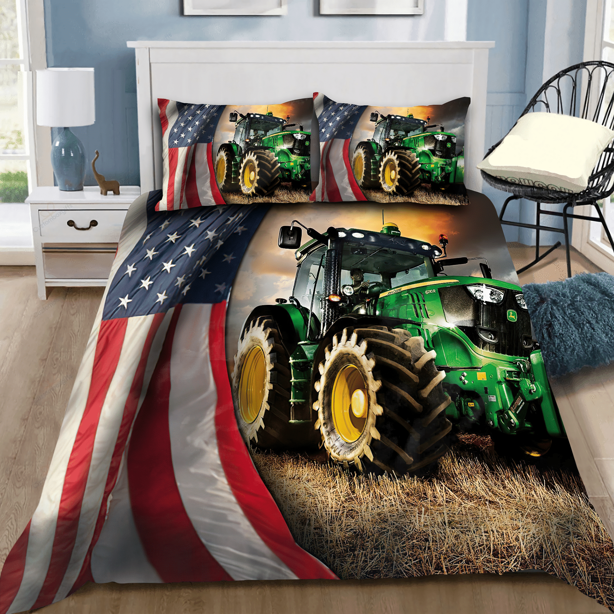 American Flag And Tractor Bed Sheets Spread Duvet Cover Bedding Sets