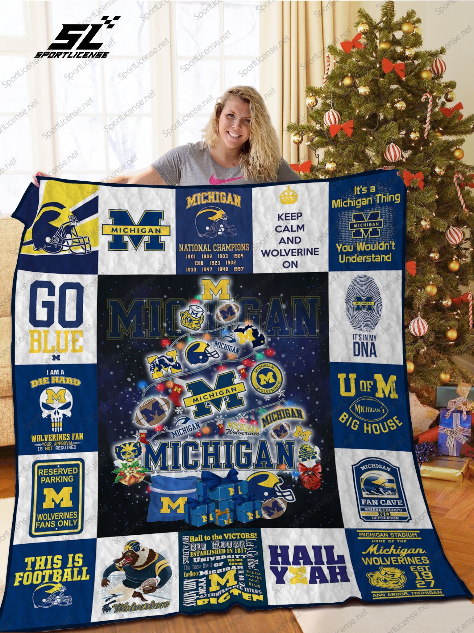 Bl Michigan Wolverines Christmas Tree Quilt Blanket