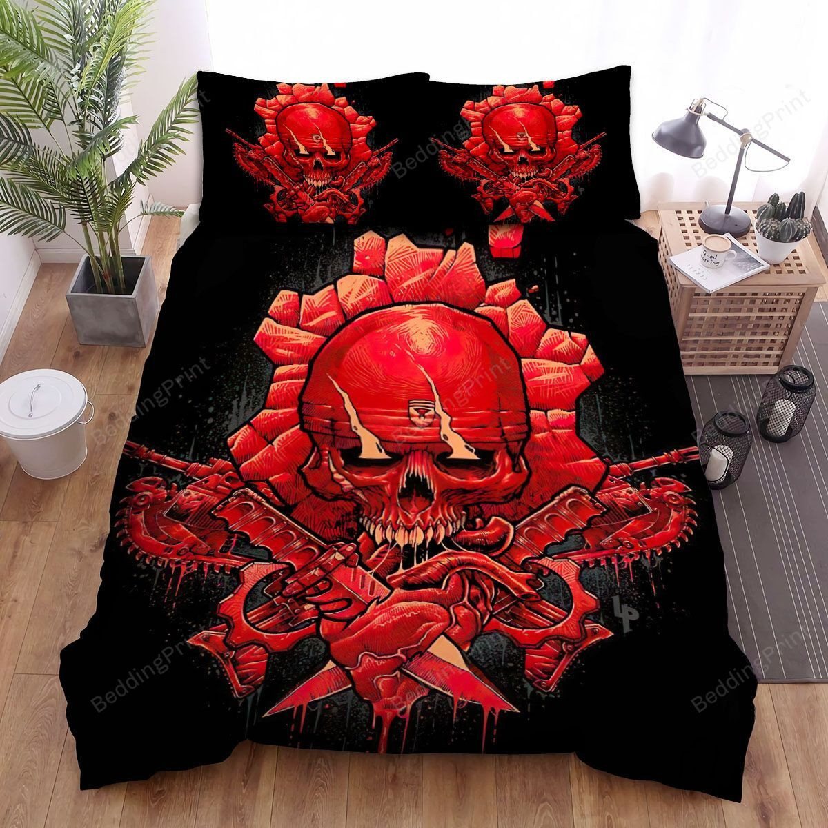 Gears Of War Skull Logo With Chainsaw And Knifes In Blood Bed Sheets Duvet Cover Bedding Sets