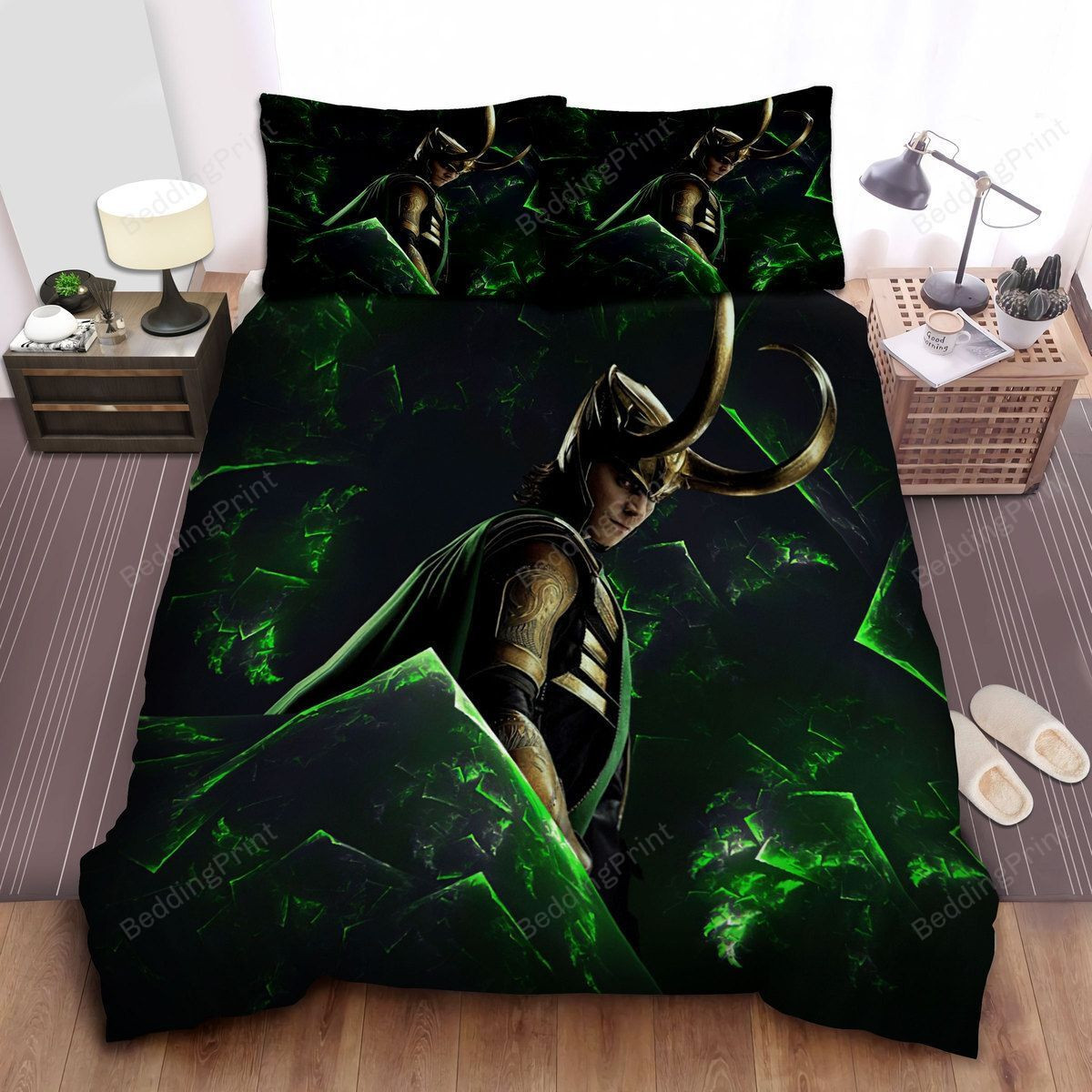 Marvel Loki God Of Mischief In Green Light Glass Bed Sheets Duvet Cover Bedding Sets