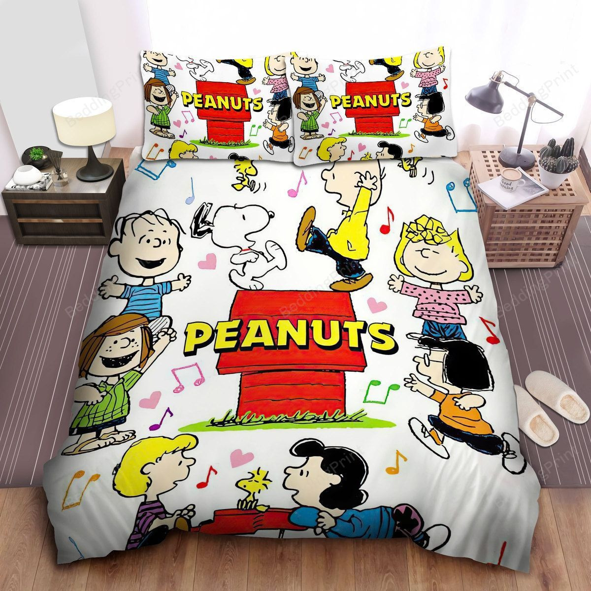 Peanuts Characters Dancing Around Snoopy Dog House Bed Sheets Duvet Cover Bedding Sets
