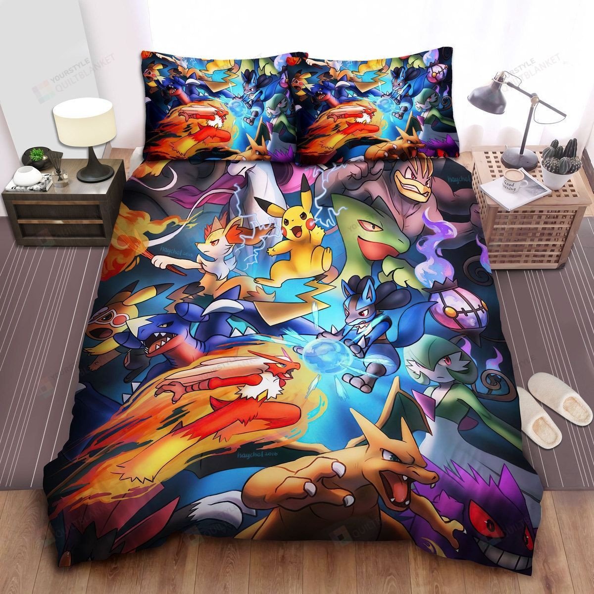 Pokemon, Pokemons Fighting, Charizard, Pikachu Bed Sheets Spread Duvet Cover Bedding Sets