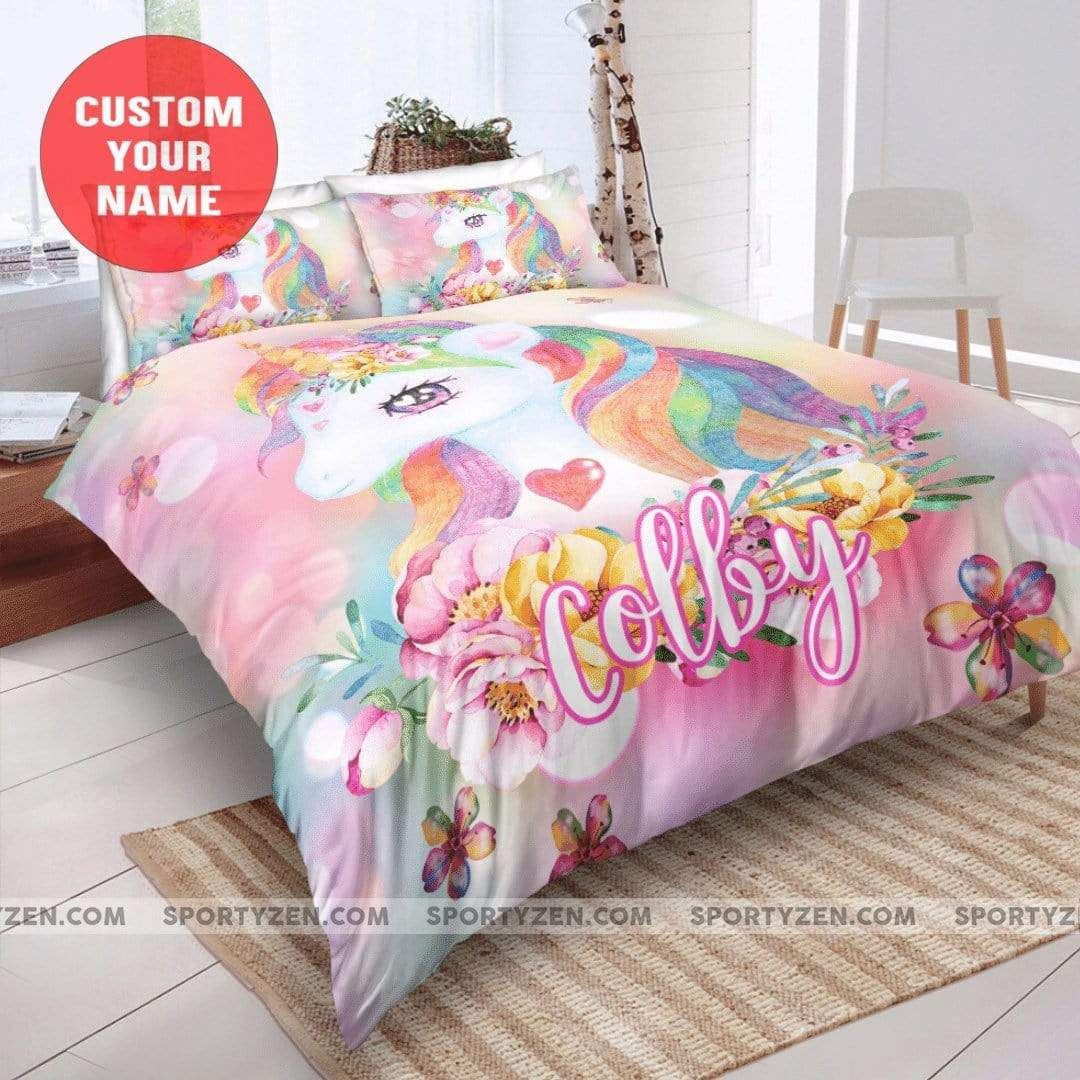 Unicorn Pink Pastel For Girls Custom Name Duvet Cover Bedding Set