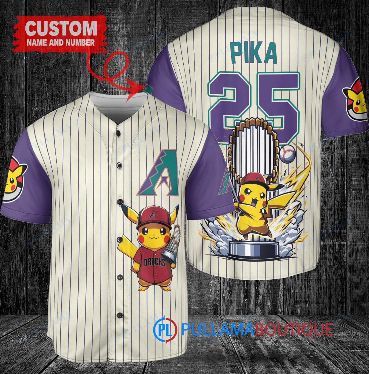Arizona Diamondbacks x Pikachu Pokemon with Trophy Custom Baseball Jersey Cream-Purple