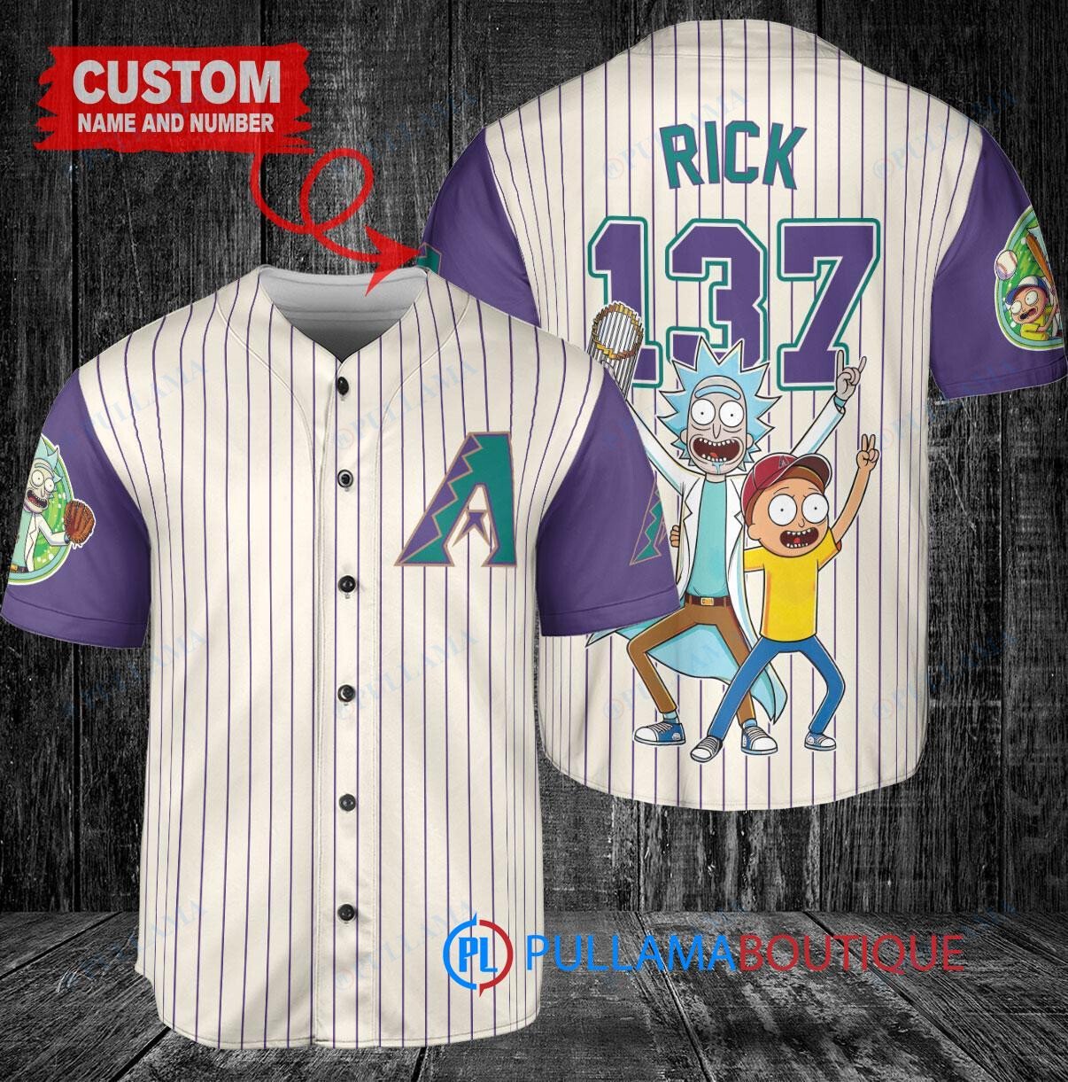 Arizona Diamondbacks x Rick and Morty with Trophy Custom Baseball Jersey Cream-Purple
