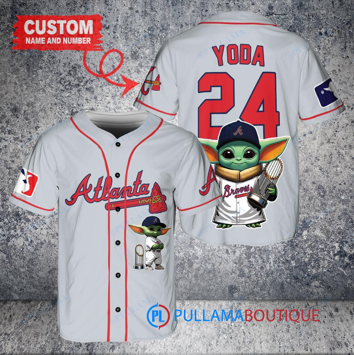 Atlanta Braves Baby Yoda Star Wars Mandalorian Trophy Baseball Jersey Gray