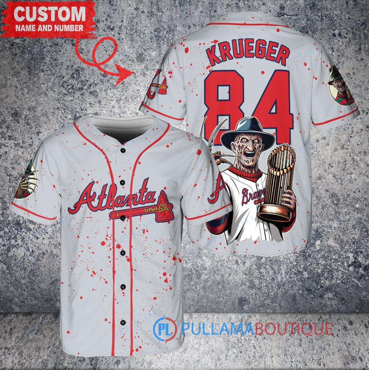 Atlanta Braves Freddy Krueger Halloween World Series Trophy Baseball Jersey Gray