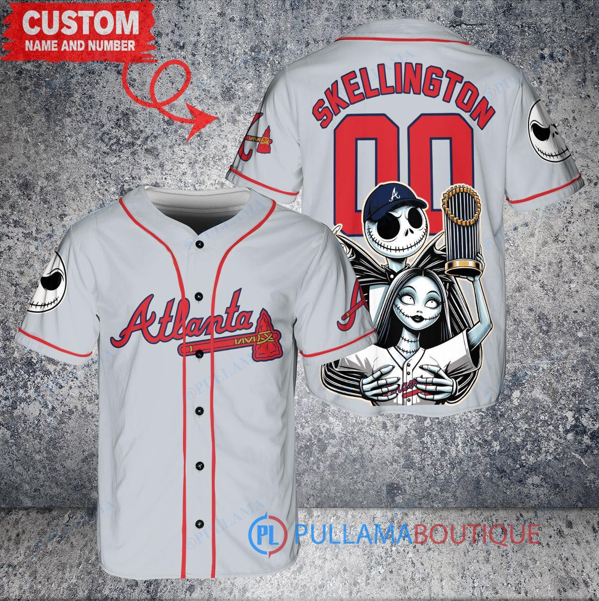Atlanta Braves Jack Skellington Sally World Series Trophy Baseball Jersey Gray