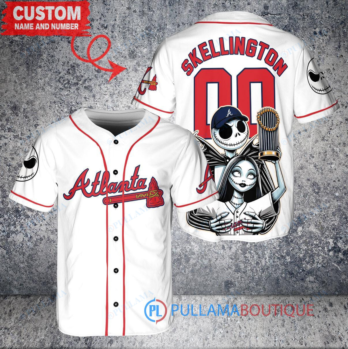 Atlanta Braves Jack Skellington Sally World Series Trophy Baseball Jersey White V2