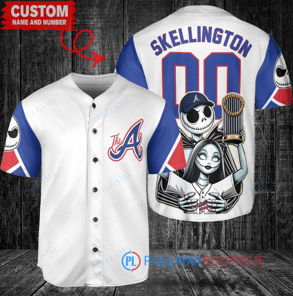 Atlanta Braves Jack Skellington Sally World Series Trophy Baseball Jersey White