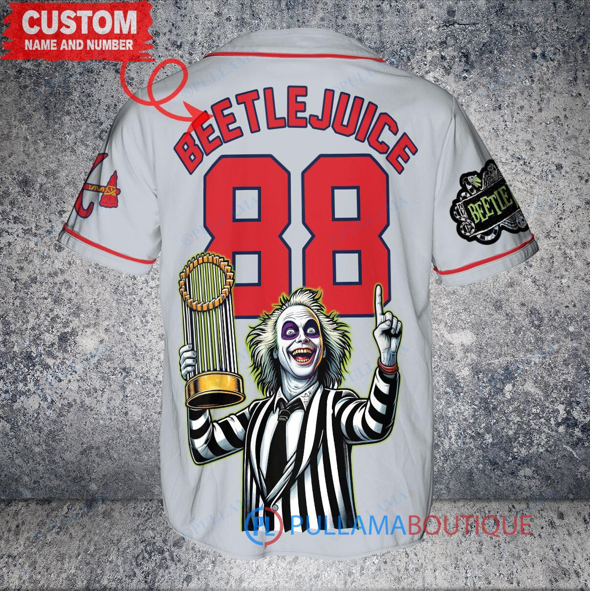 Atlanta Braves x Beetlejuice Halloween with World Series Trophy Custom Baseball Jersey Gray