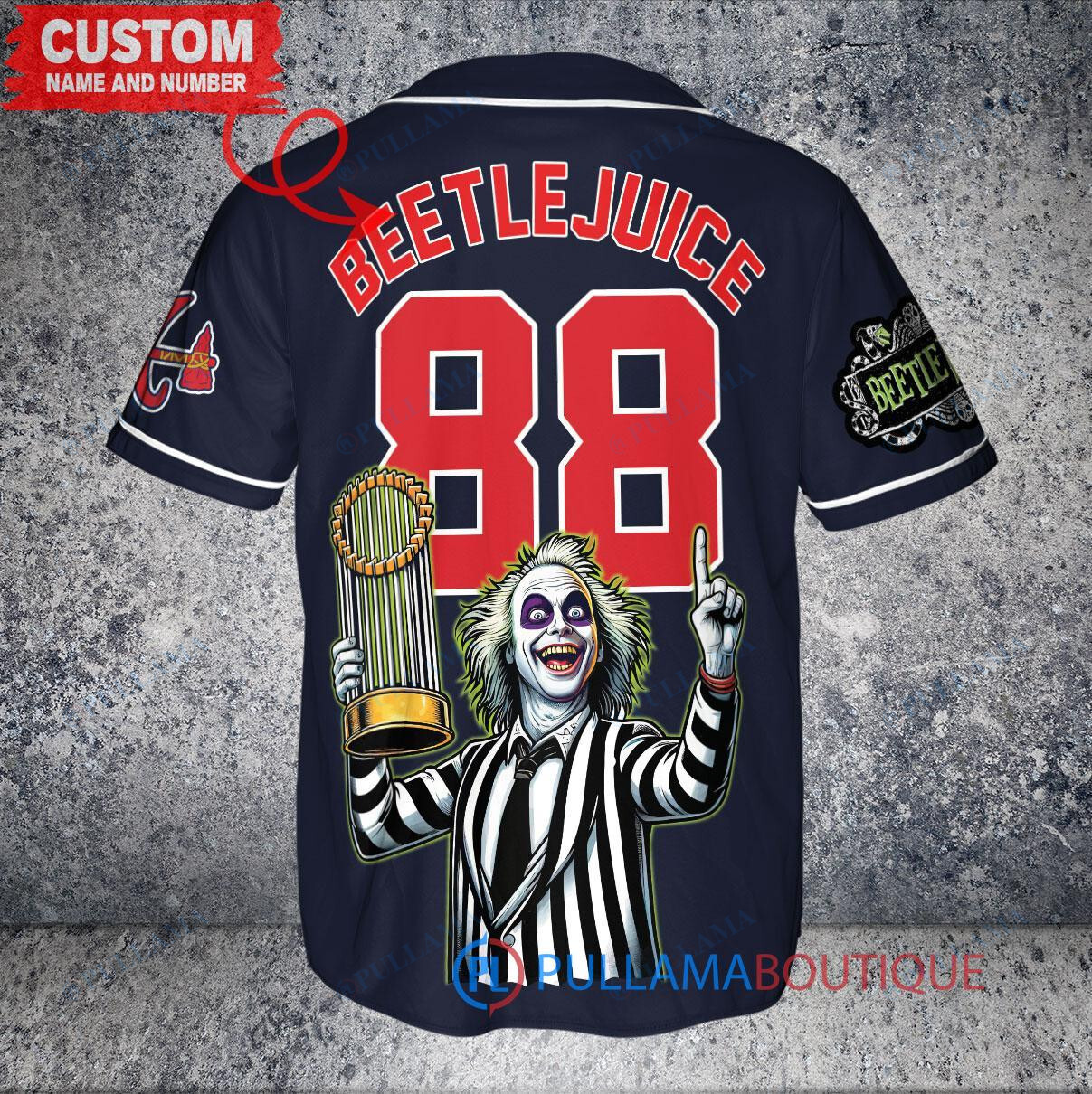 Atlanta Braves x Beetlejuice Halloween with World Series Trophy Custom Baseball Jersey Navy