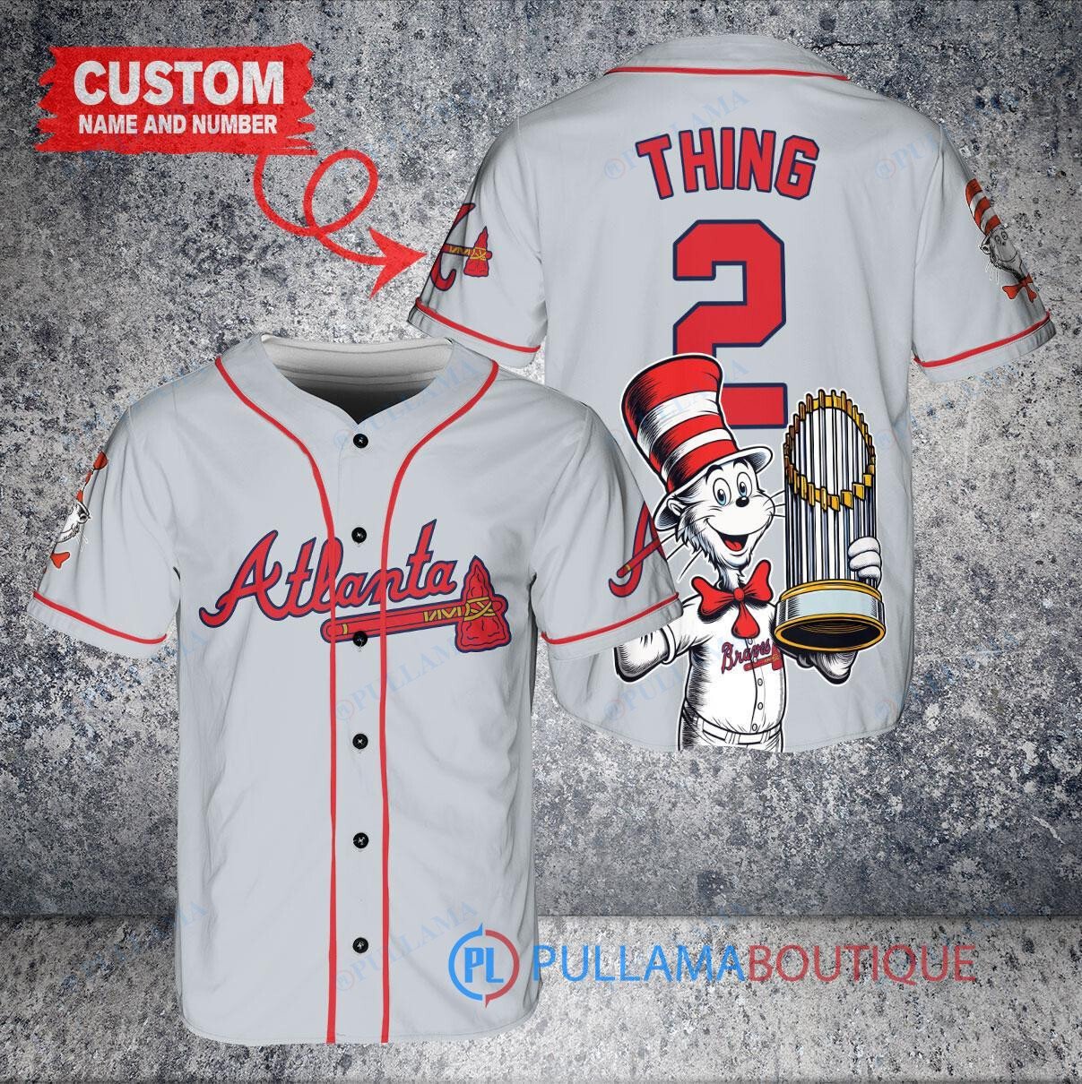 Atlanta Braves x Dr Seuss with World Series Trophy Custom Baseball Jersey Gray