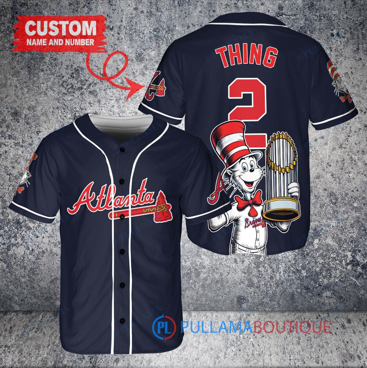 Atlanta Braves x Dr Seuss with World Series Trophy Custom Baseball Jersey Navy