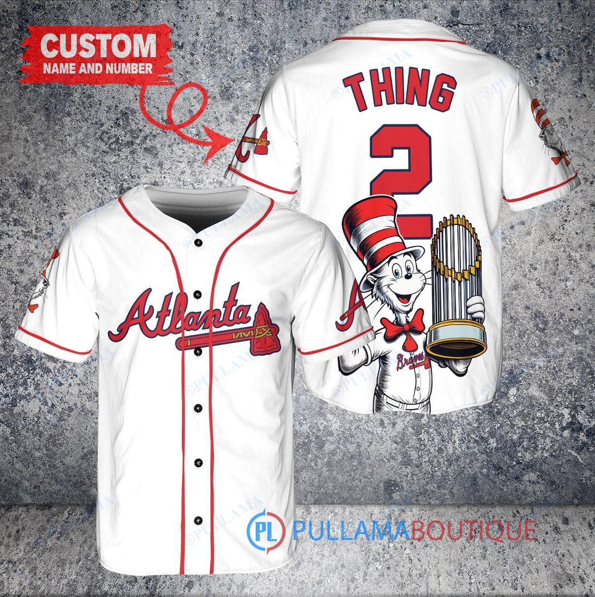 Atlanta Braves x Dr Seuss with World Series Trophy Custom Baseball Jersey White
