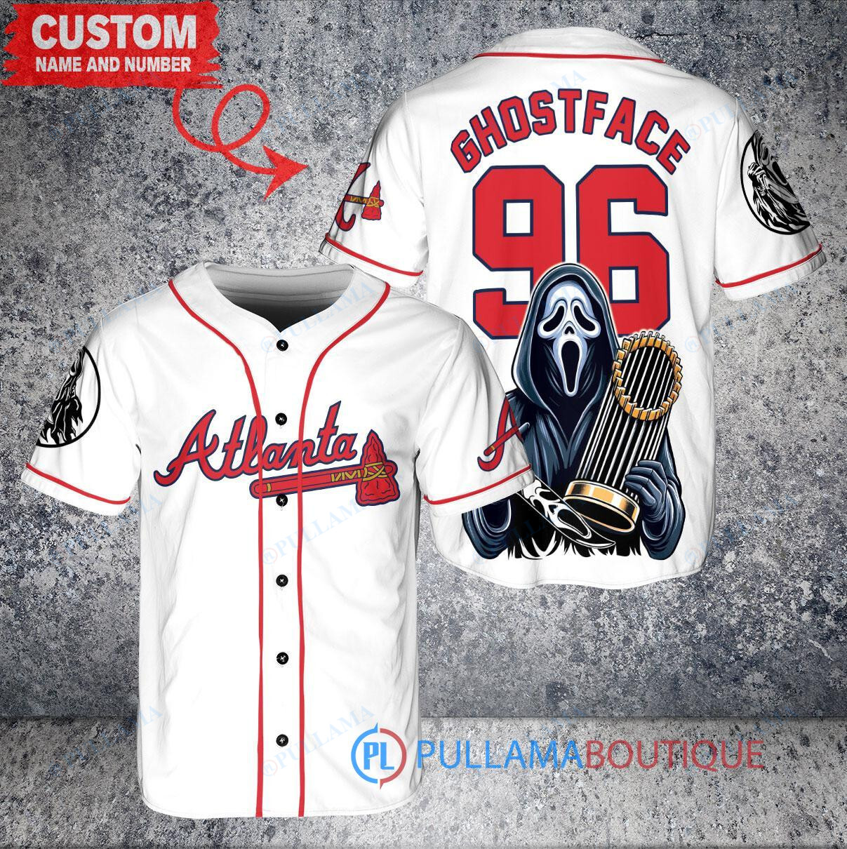 Atlanta Braves x Ghostface Scream Halloween Halloween with World Series Trophy Custom Baseball Jersey White