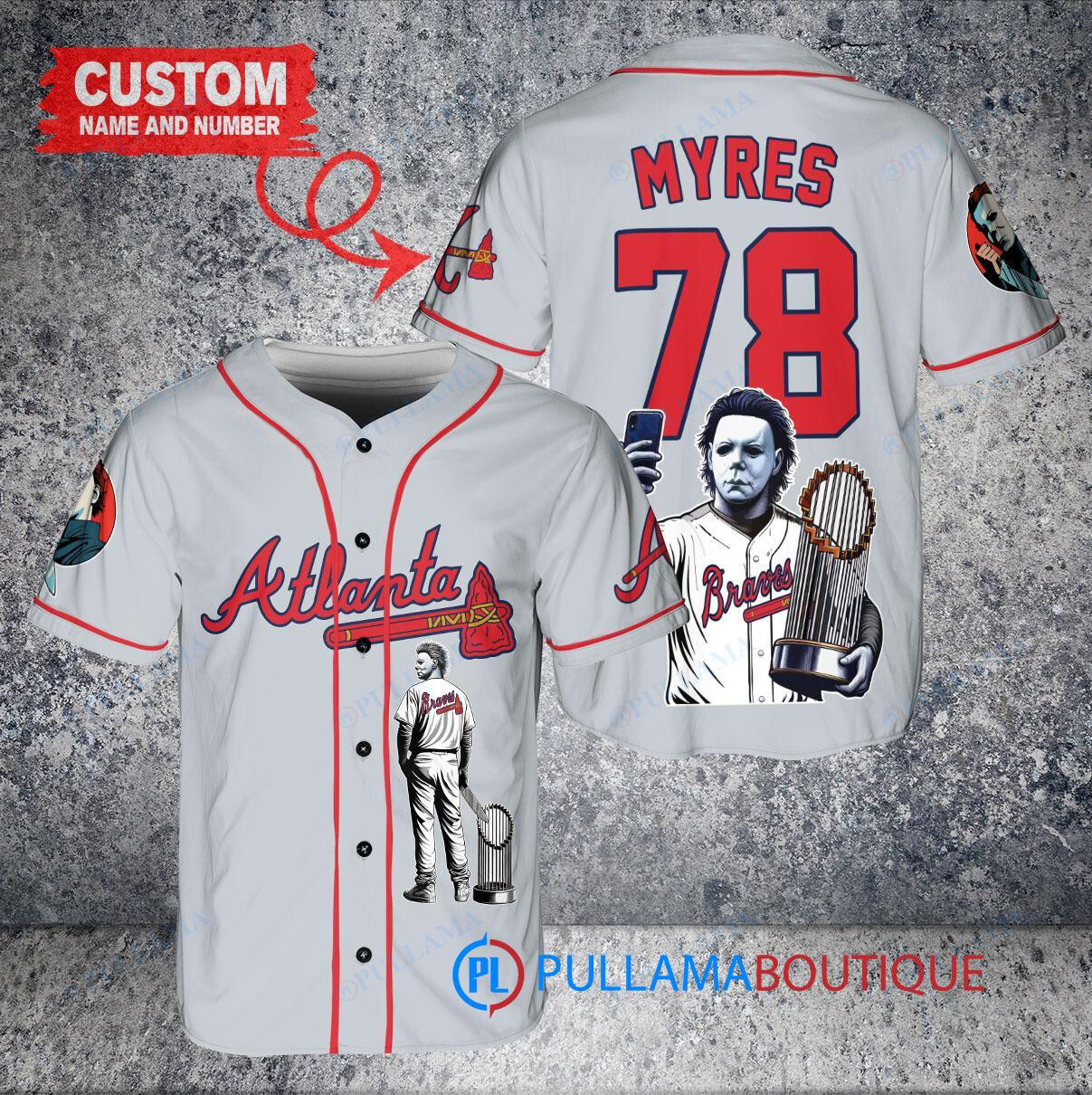 Atlanta Braves x Halloween Michael Myers with Trophy Custom Baseball Jersey Gray