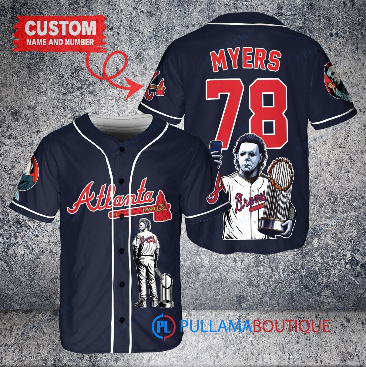 Atlanta Braves x Halloween Michael Myers with Trophy Custom Baseball Jersey Navy