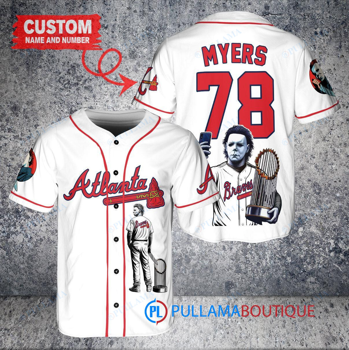 Atlanta Braves x Halloween Michael Myers with Trophy Custom Baseball Jersey White