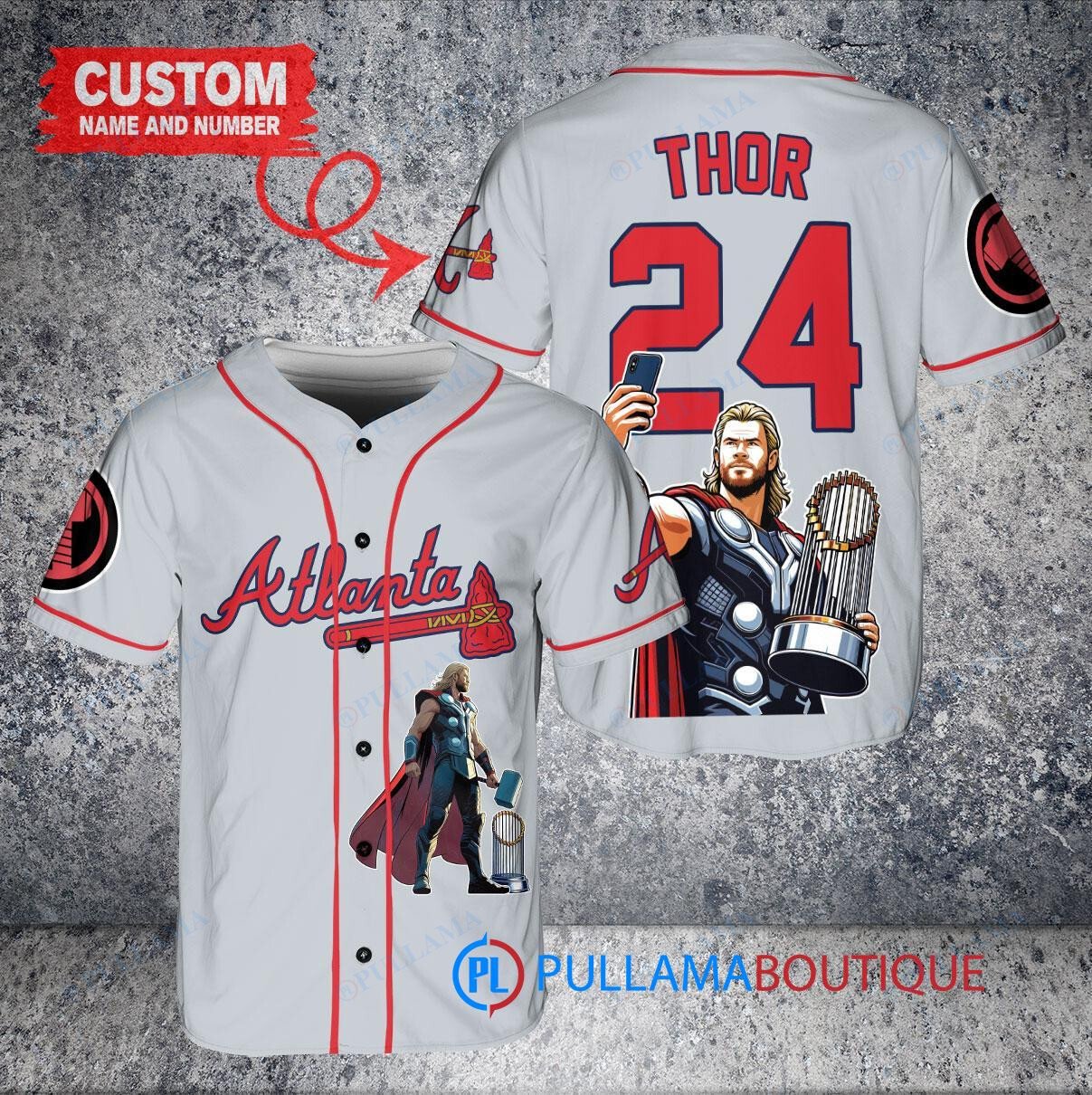 Atlanta Braves x Thor Marvel with Trophy Custom Baseball Jersey Gray
