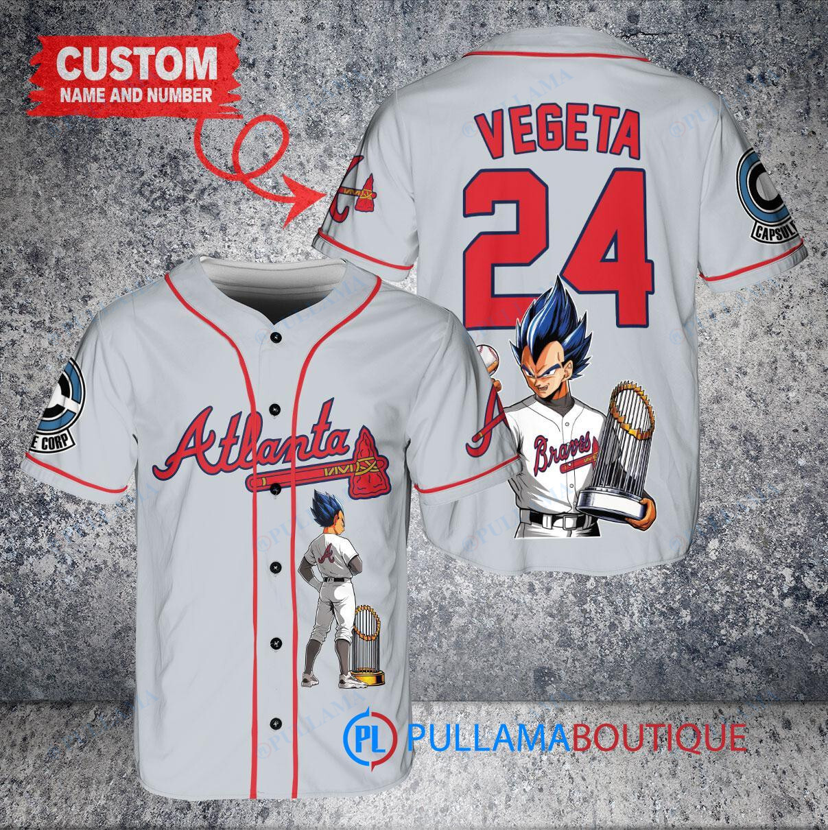 Atlanta Braves x Vegeta Super Saiyan Dragon Ball Z with Trophy Custom Baseball Jersey Gray