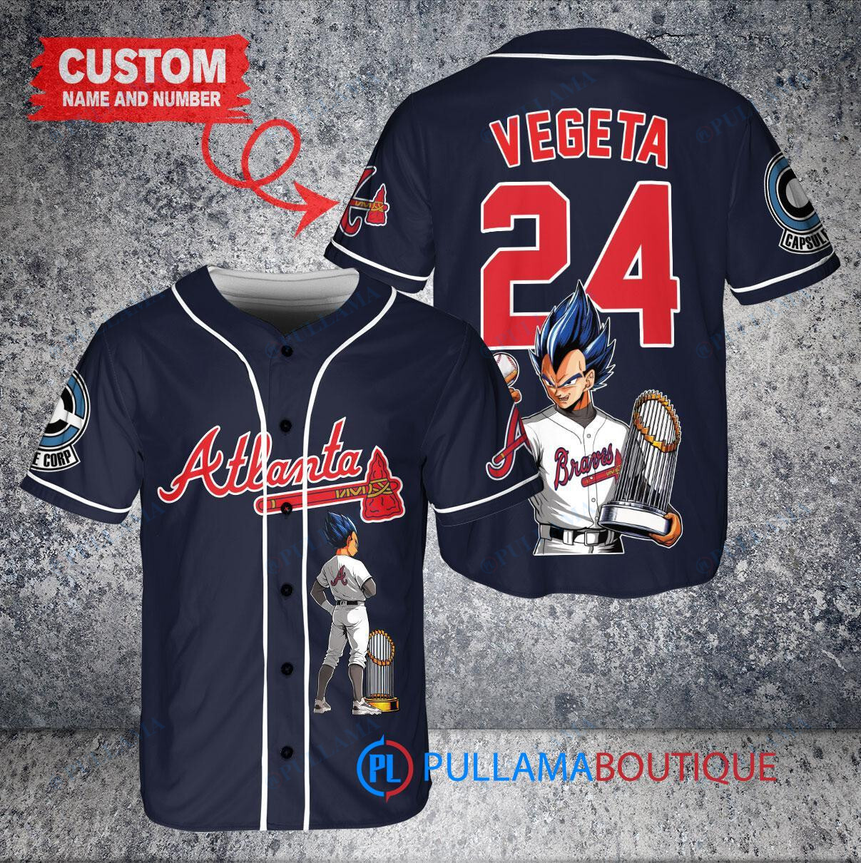 Atlanta Braves x Vegeta Super Saiyan Dragon Ball Z with Trophy Custom Baseball Jersey Navy