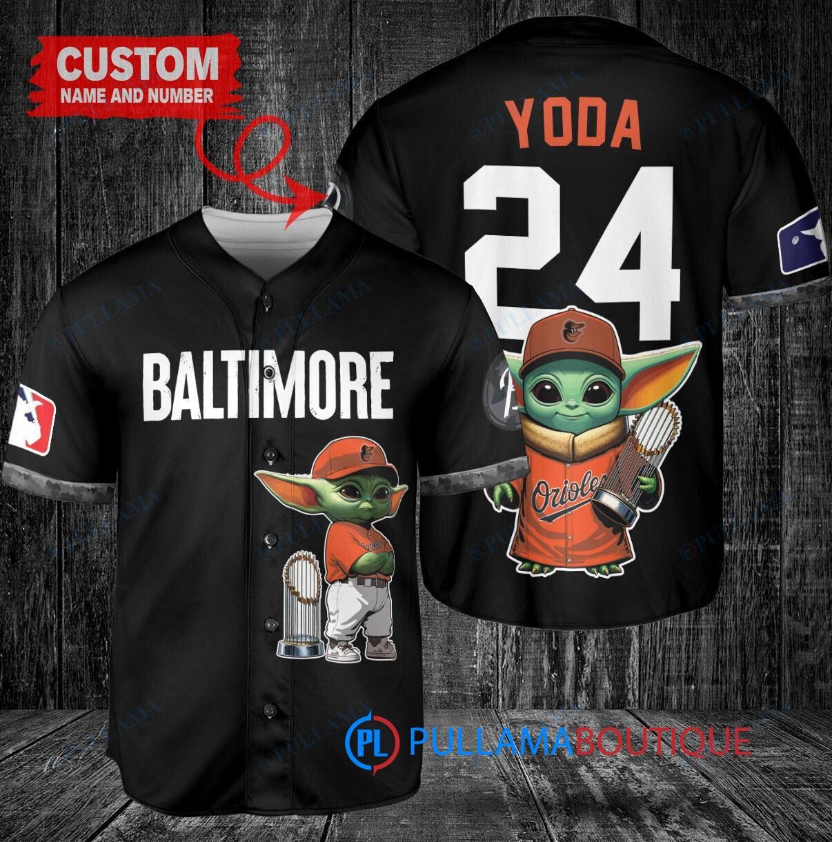 Baltimore Orioles x Baby Yoda Star Wars The Mandalorian with Trophy Custom Baseball Jersey Black City Connect