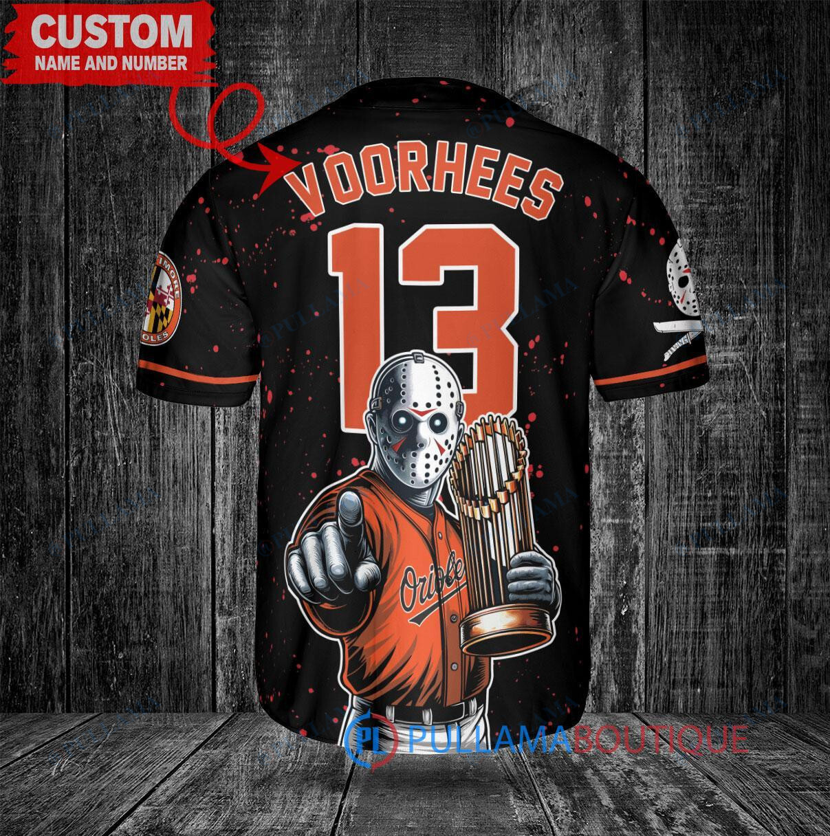 Baltimore Orioles x Friday the 13th Jason Voorhees Halloween with World Series Trophy Custom Baseball Jersey Black