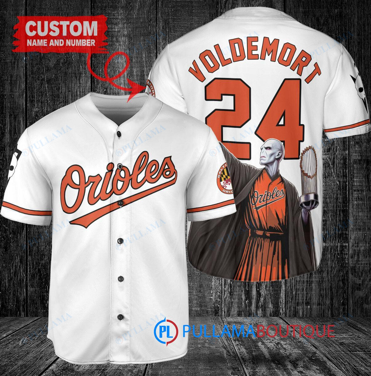 Baltimore Orioles x Lord Voldemort Harry Potter with Trophy Custom Baseball Jersey White