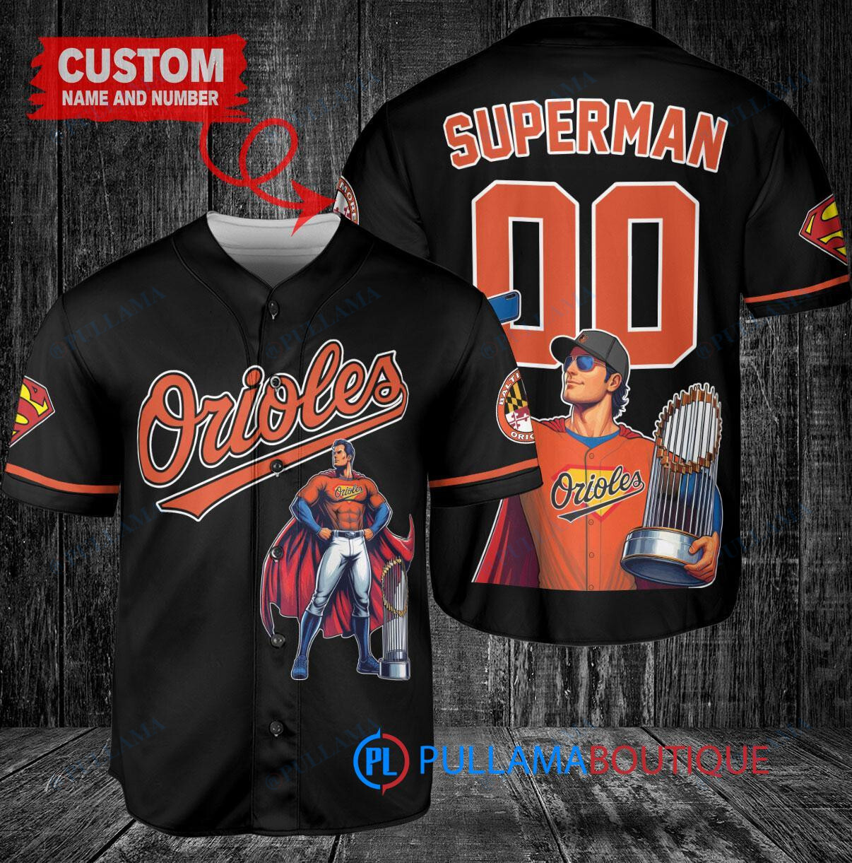Baltimore Orioles x Superman DC Comics with Trophy Custom Baseball Jersey Black