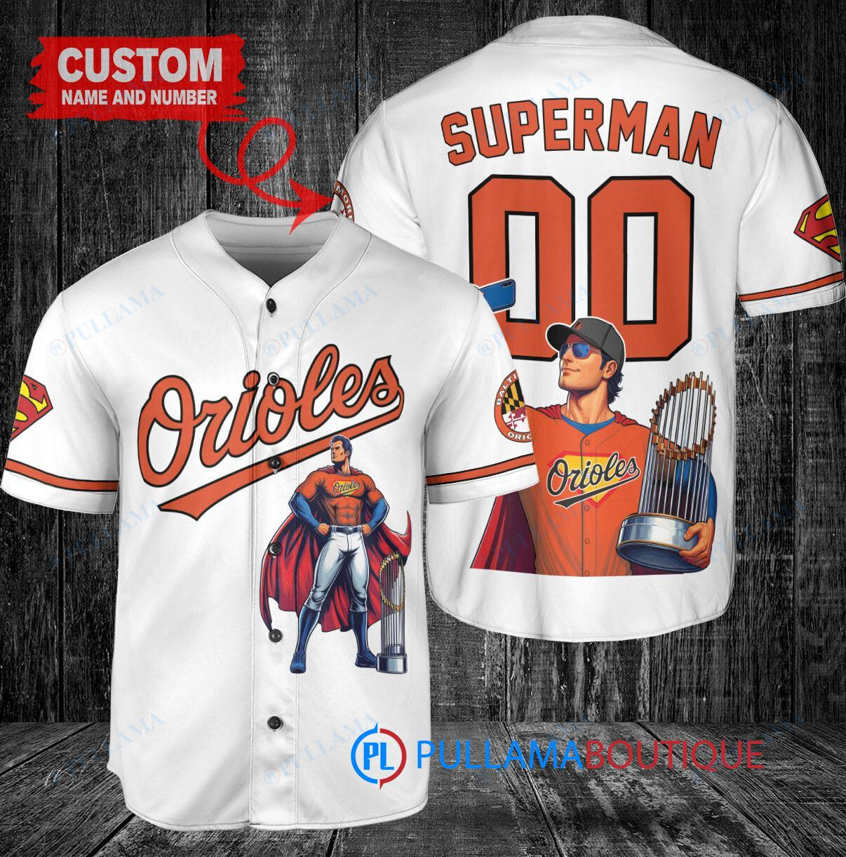 Baltimore Orioles x Superman DC Comics with Trophy Custom Baseball Jersey White
