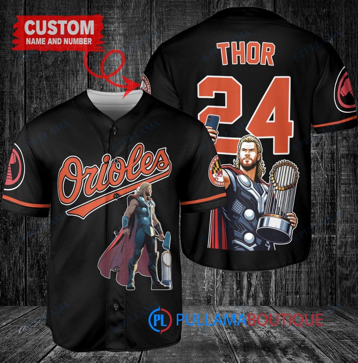 Baltimore Orioles x Thor Marvel with Trophy Custom Baseball Jersey Black