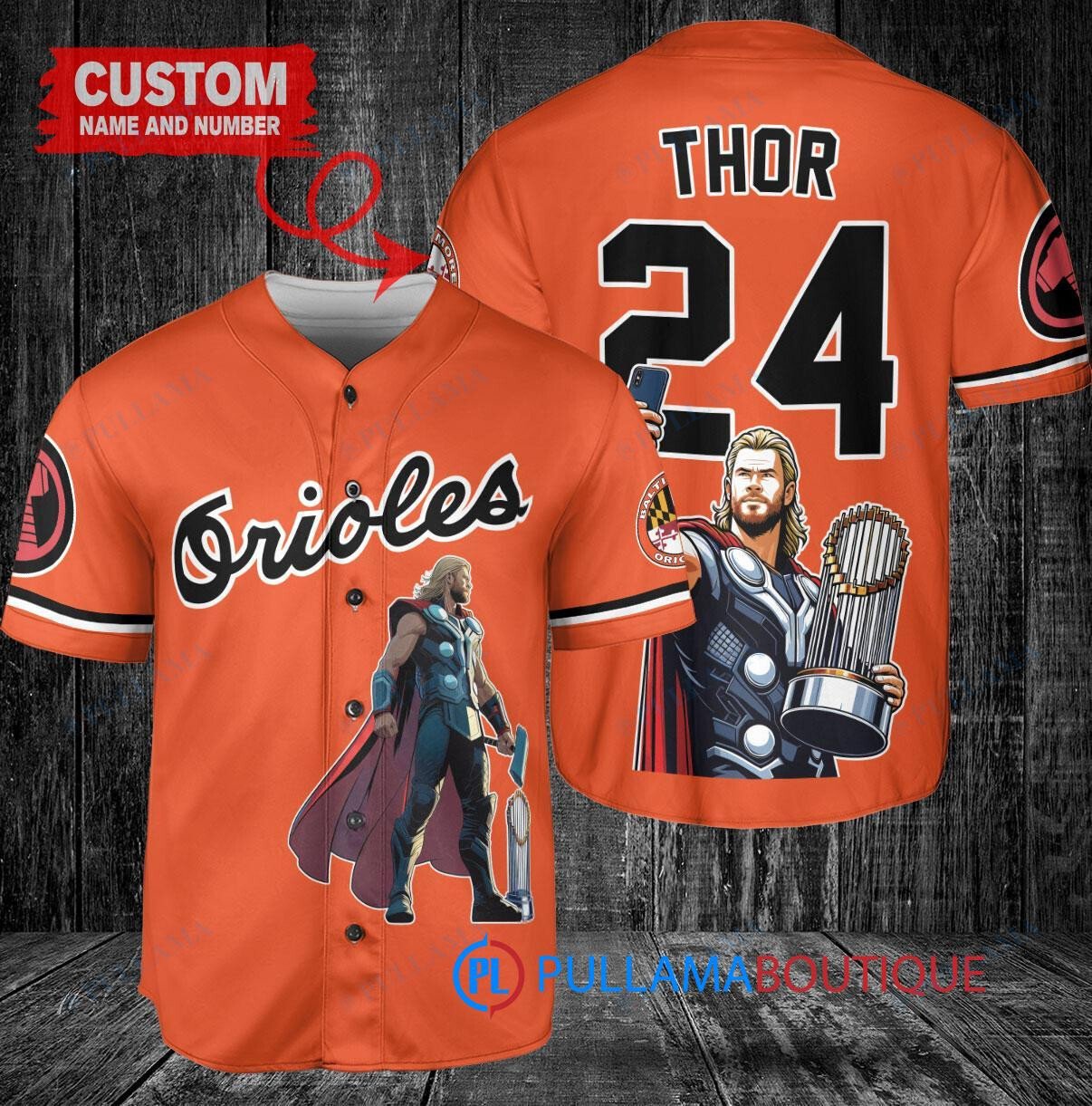 Baltimore Orioles x Thor Marvel with Trophy Custom Baseball Jersey Orange