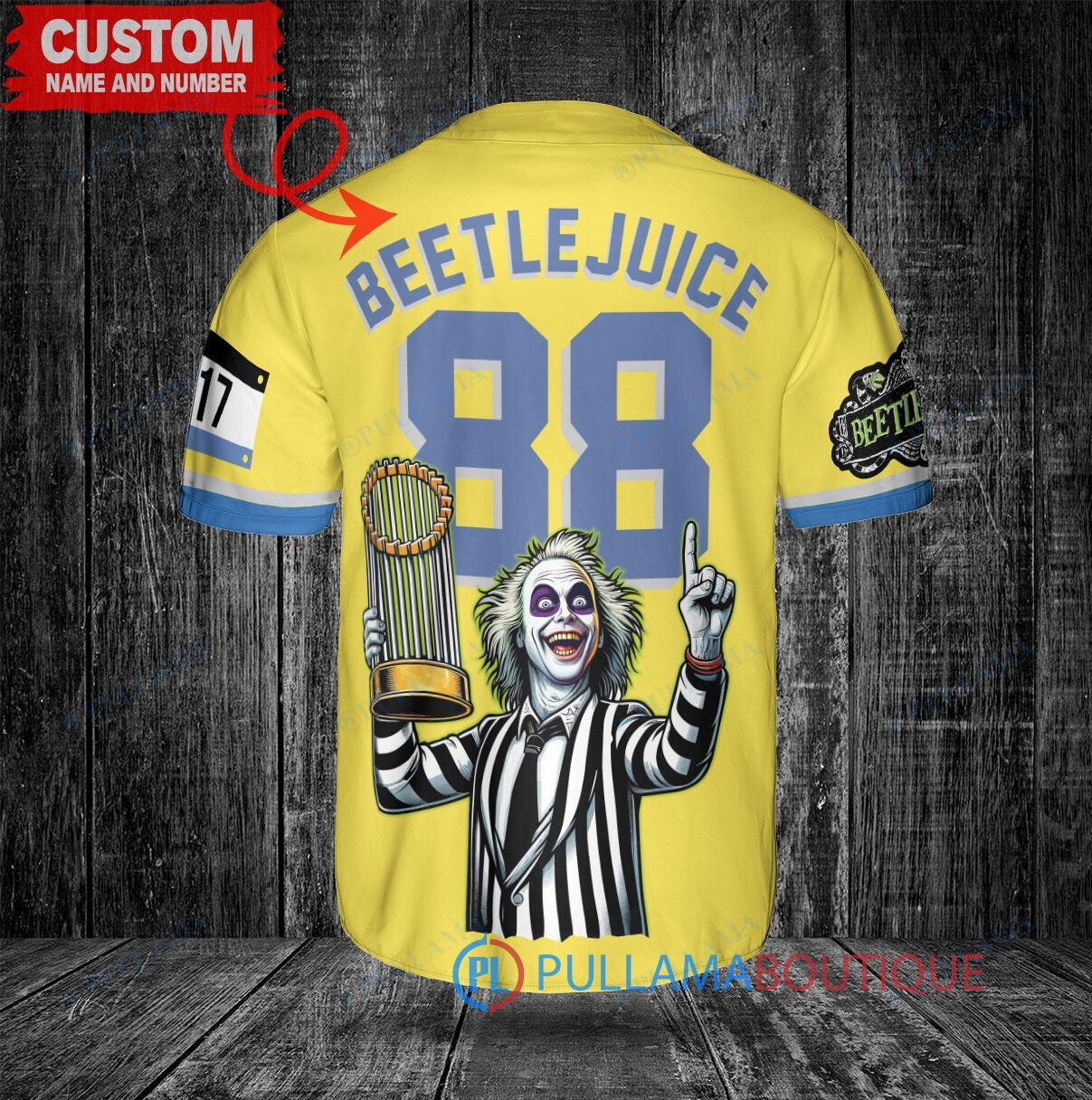 Boston Red Sox x Beetlejuice Halloween with World Series Trophy Custom Baseball Jersey Gold-Light Blue City Connect