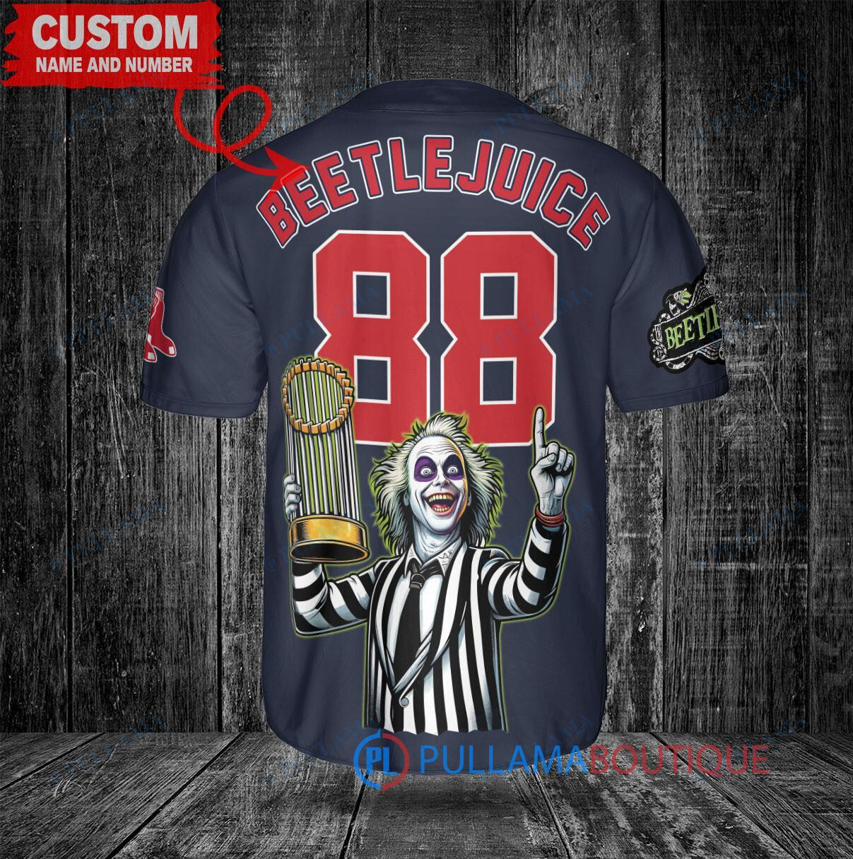 Boston Red Sox x Beetlejuice Halloween with World Series Trophy Custom Baseball Jersey Navy