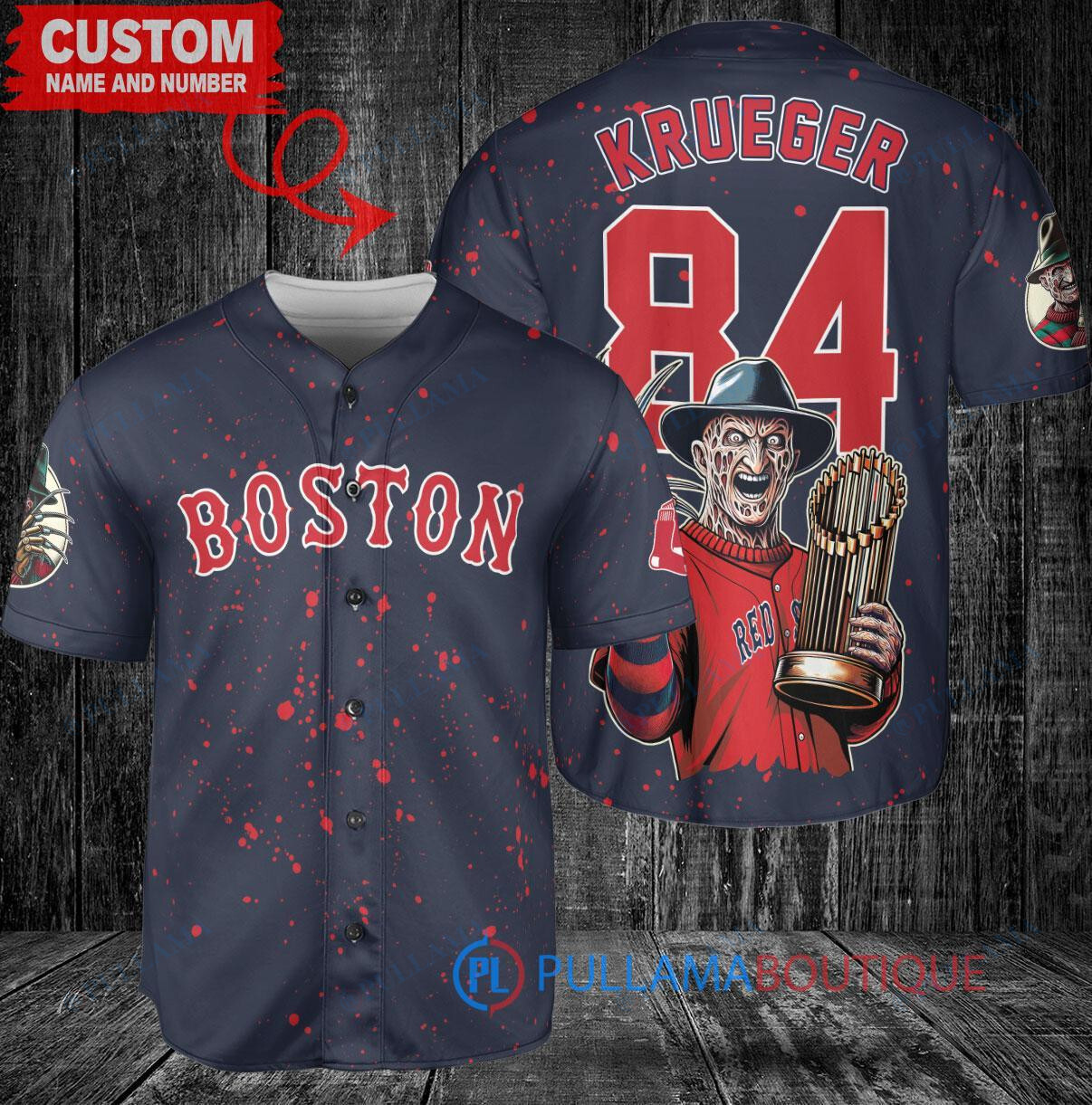 Boston Red Sox x Freddy Krueger A Nightmare on Elm Street Halloween with World Series Trophy Custom Baseball Jersey Navy