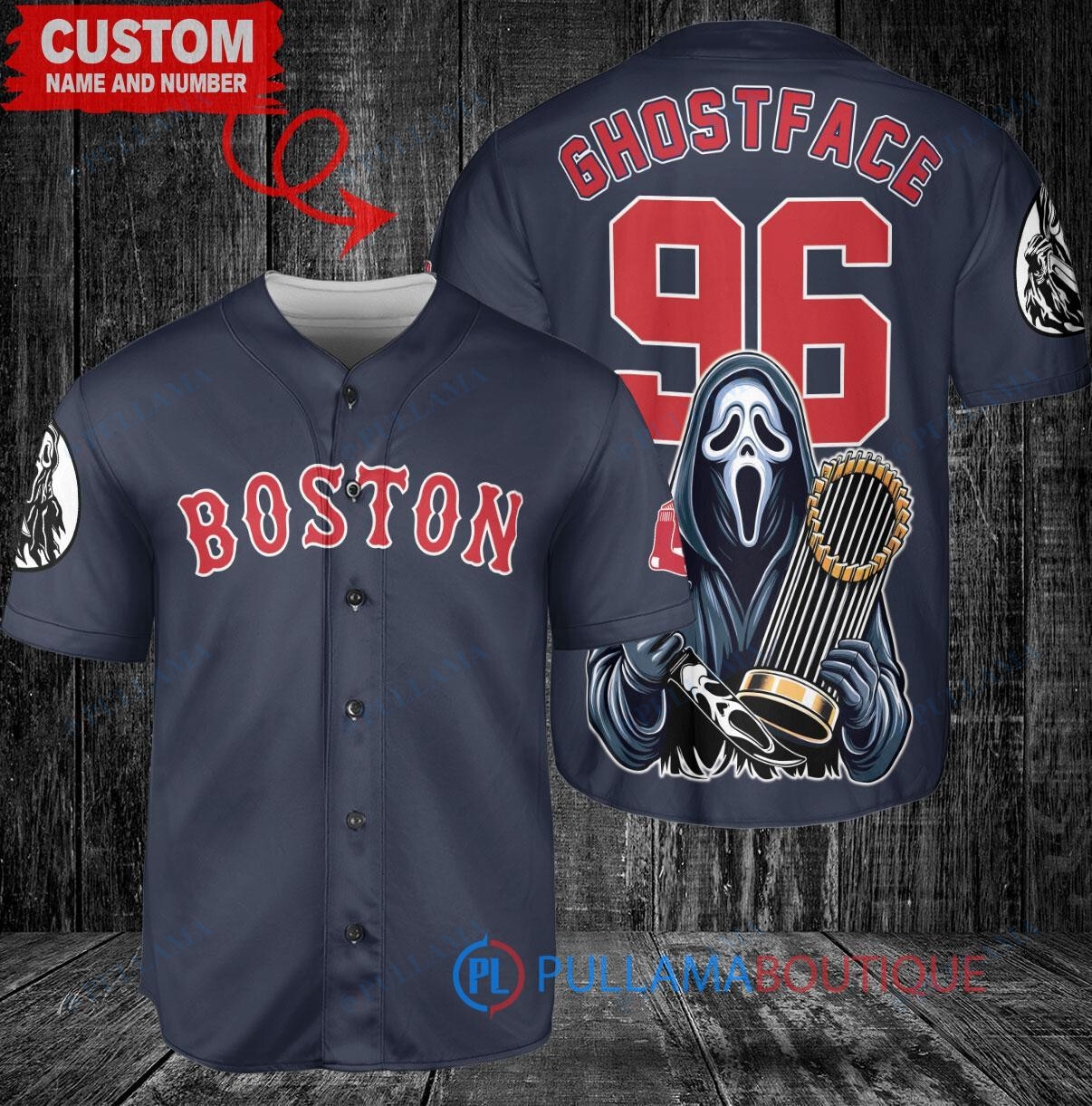 Boston Red Sox x Ghostface Scream Halloween Halloween with World Series Trophy Custom Baseball Jersey Navy