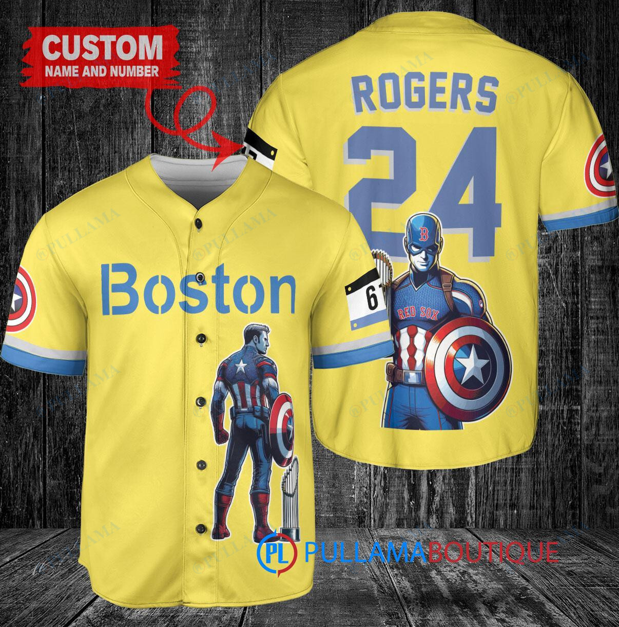 Boston Red Sox x Marvel Captain America Steve Rogers with Trophy Custom Baseball Jersey Gold-Light Blue City Connect