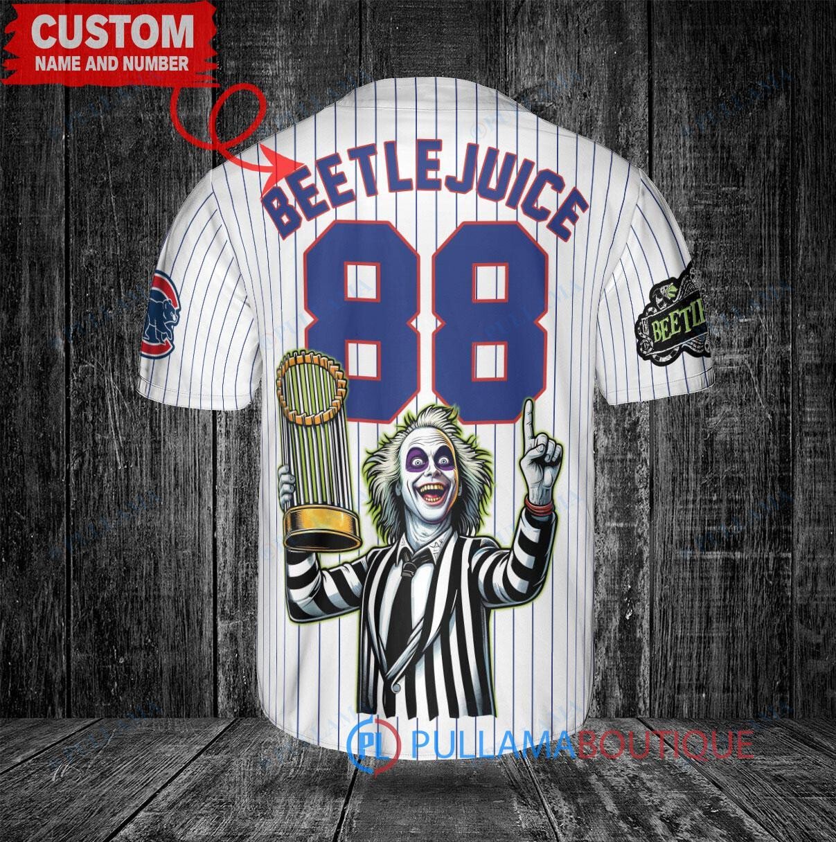 Chicago Cubs x Beetlejuice Halloween with World Series Trophy Custom Baseball Jersey White