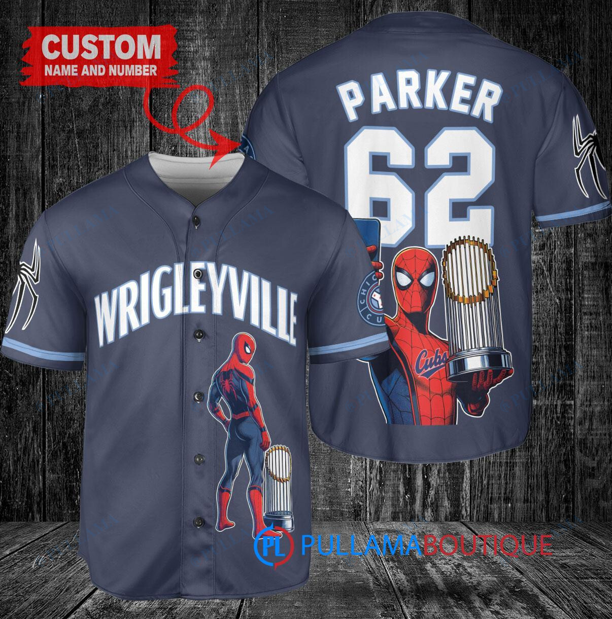 Chicago Cubs x Marvel Spiderman with Trophy Custom Baseball Jersey Navy