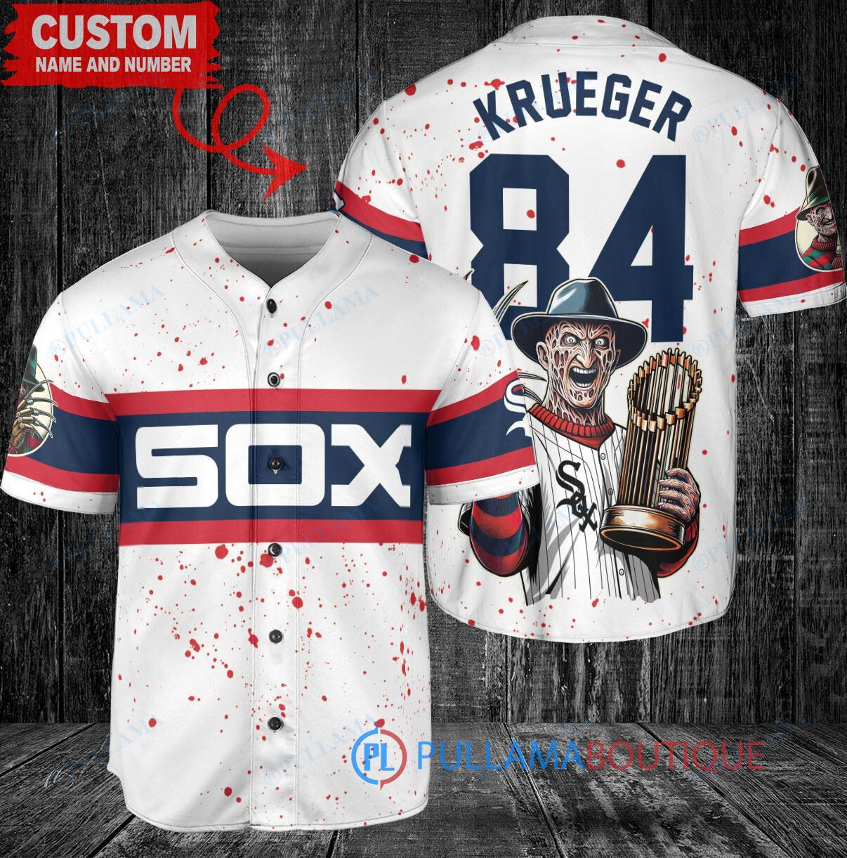 Chicago White Sox x Freddy Krueger A Nightmare on Elm Street Halloween with World Series Trophy Custom Baseball Jersey White Stripe