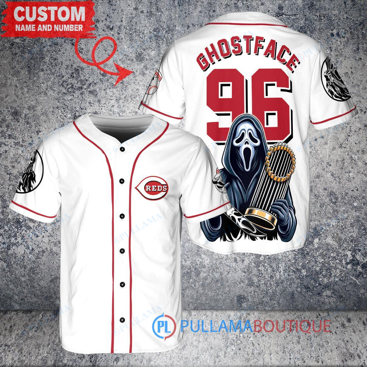 Cincinnati Reds Ghostface Scream Halloween World Series Trophy Baseball Jersey White