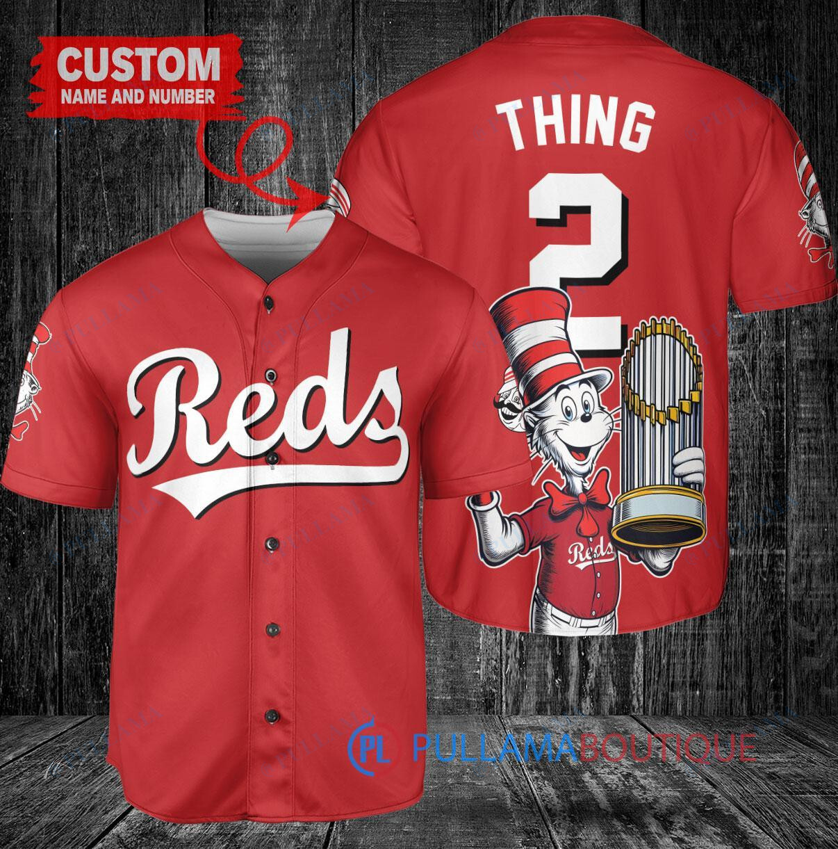 Cincinnati Reds x Dr Seuss with World Series Trophy Custom Baseball Jersey Red
