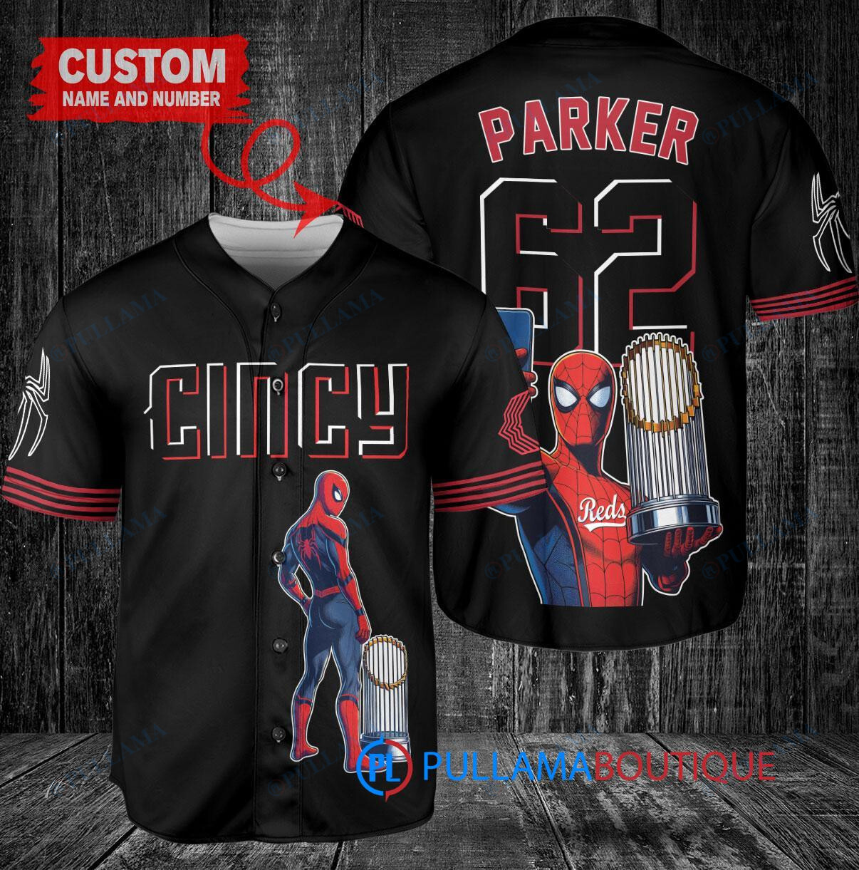 Cincinnati Reds x Marvel Spiderman with Trophy Custom Baseball Jersey Black 2023 City Connect