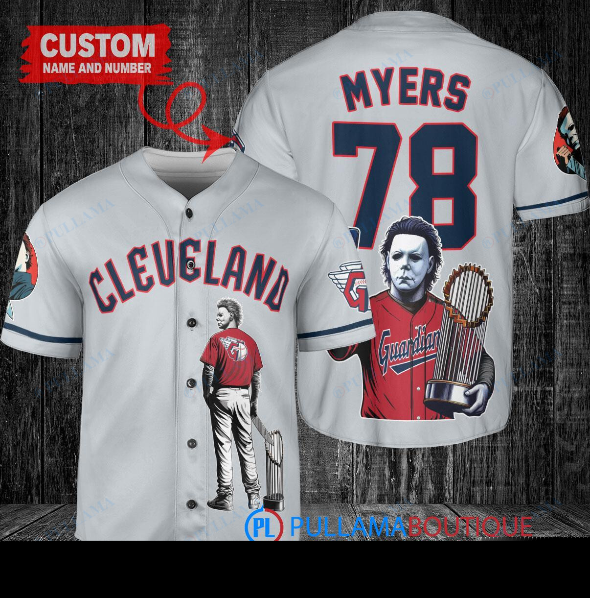 Cleveland Guardians x Halloween Michael Myers with Trophy Custom Baseball Jersey Gray