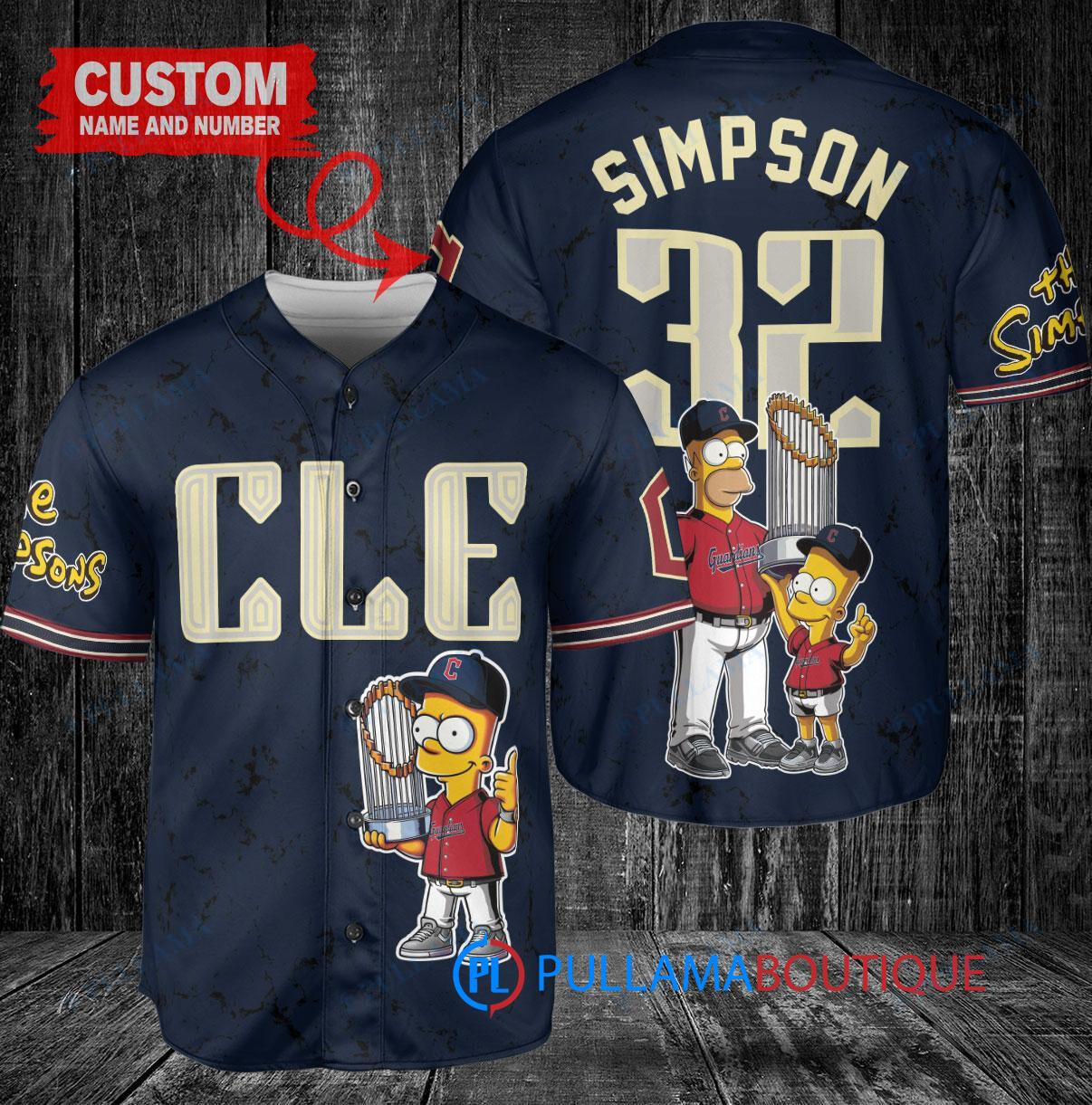 Cleveland Guardians x The Simpsons Bart Simpson, Homer Simpson, Lisa Simpson with Trophy Custom Baseball Jersey Navy City Connect