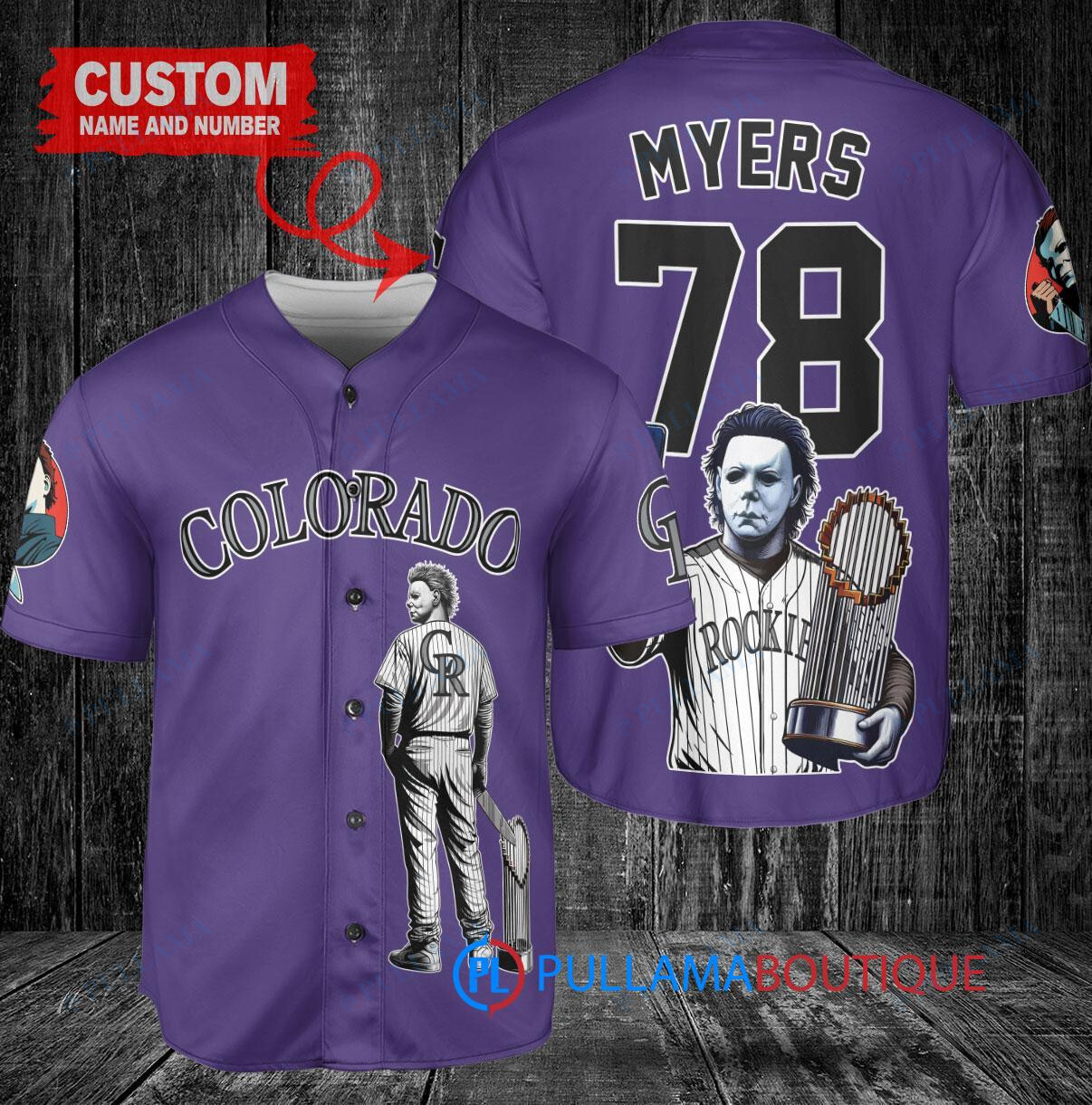 Colorado Rockies x Halloween Michael Myers with Trophy Custom Baseball Jersey Purple