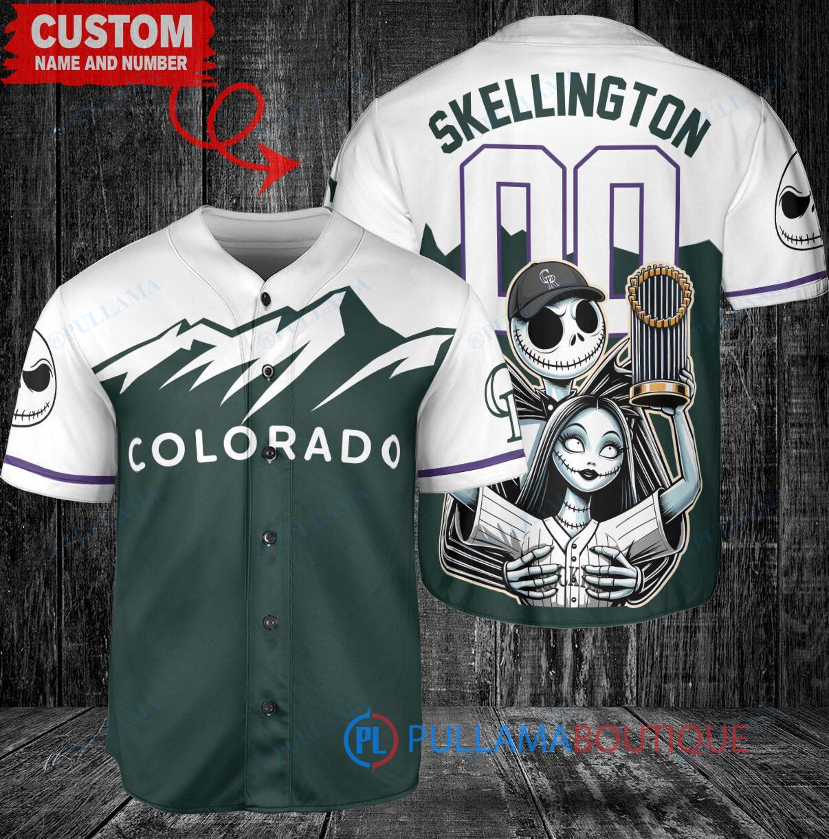 Colorado Rockies x Jack Skellington and Sally The Nightmare Before Christmas with World Series Trophy Custom Baseball Jersey Green