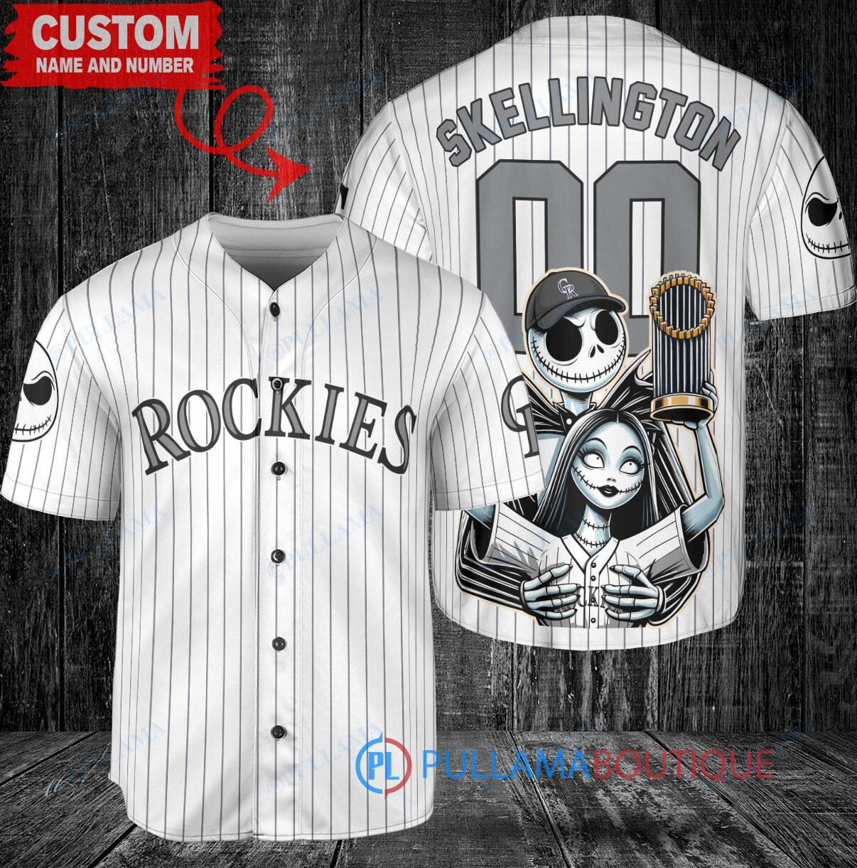Colorado Rockies x Jack Skellington and Sally The Nightmare Before Christmas with World Series Trophy Custom Baseball Jersey White