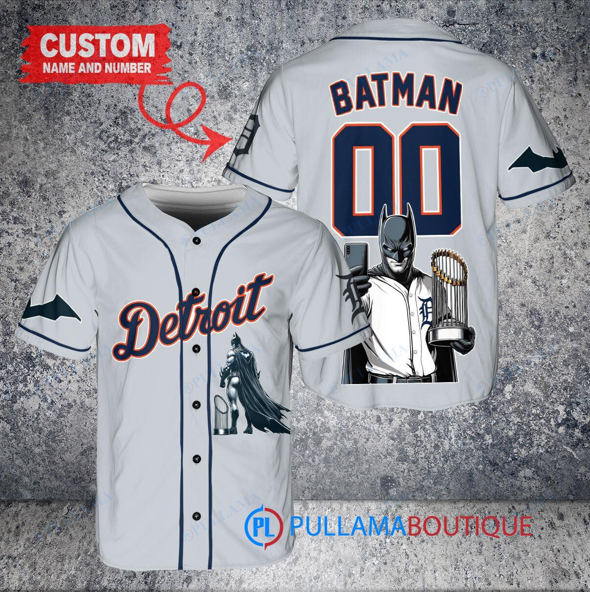 Detroit Tigers x DC Comics Batman The Dark Knight with Trophy Custom Baseball Jersey Gray